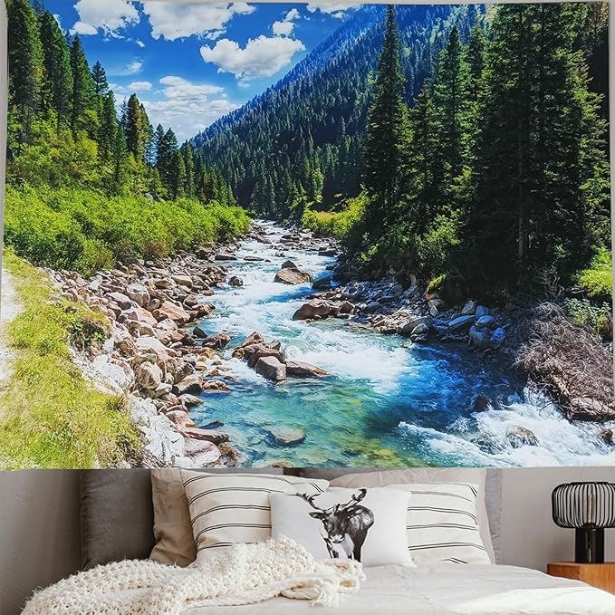 Nature Forest Mountain Tapestry Green Pine Tree Stream Tapestry White Clouds Flowing River Valley Landscape Scenery Tapestries Wall Hanging for Bedroom Dorm Living Room Office Classroom 60 x 40 Inch