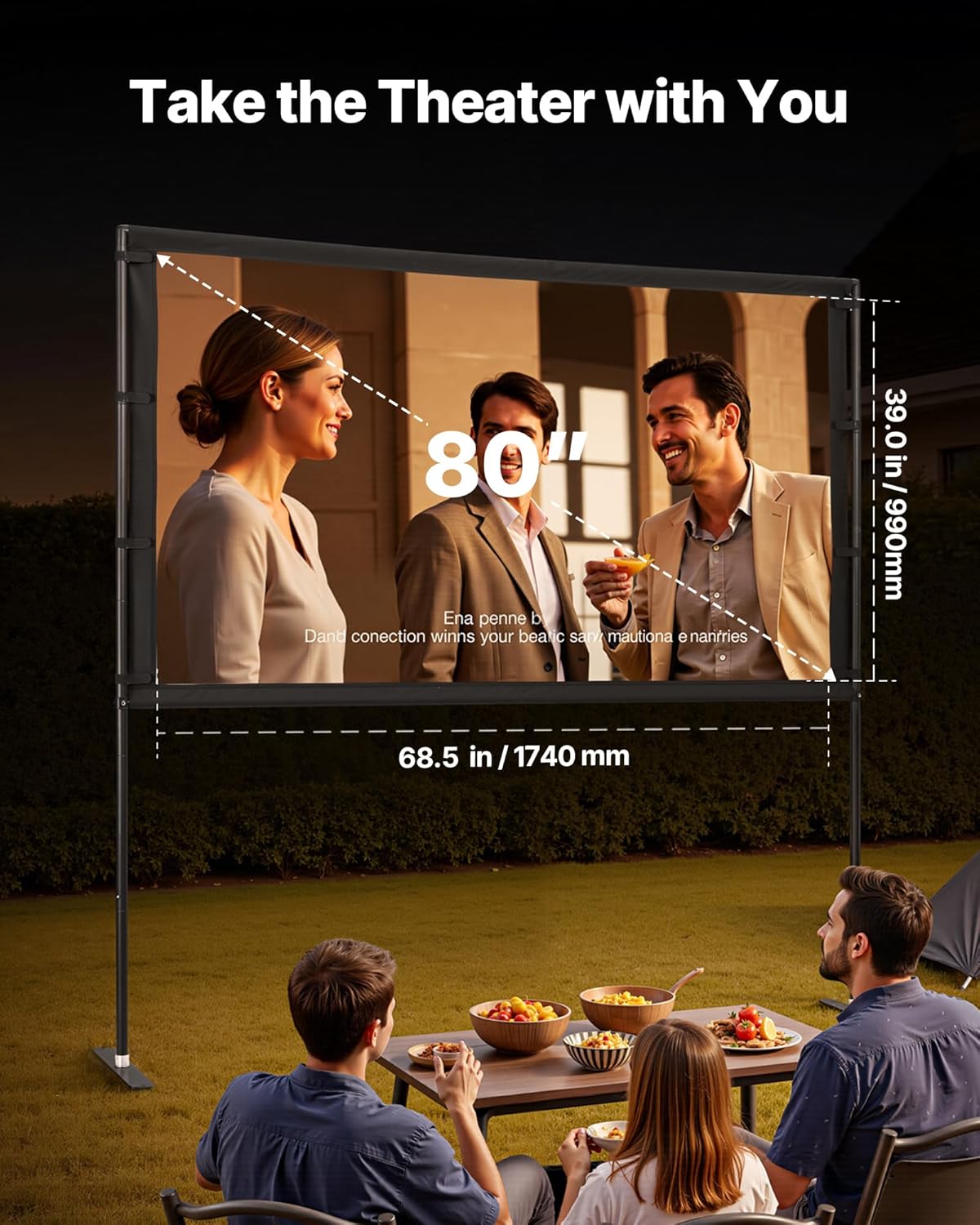 VEVOR Projector Screen with Stand, 80 Inch 160° Wide Angle Indoor Outdoor Projection Screen, 16:9 4K HD Wrinkleless Portable Dual-Stand Screens with Carry Bag, for Movie Home Theater Presentation