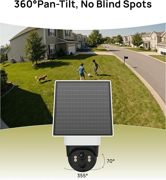 Solar Security Cameras Wireless Outdoor, 3K/5MP PTZ 360° View Battery Powered WiFi Camera for Home surveillance with Motion Tracking, AI Detection, Night vision , 2-Way Audio, IP65, SD/Cloud Storage