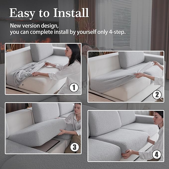 Couch Cushion Covers for Sectional Sofa, Stretch Soft Sofa Slipcovers Washable Wear-Resistant Universal Furniture Protector for Living Room(2 Seaters Covers+1 Chaise Cover, Light Gray)