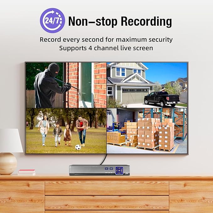 TOWODE 4CH Security Camera System 5MP 4-Channel Hybrid 5-in-1 DVR Security Video Recorder with 2pcs 5MP Cameras with Human Detection, 24/7 Recording Pre-Installed 1TB Hard Drive