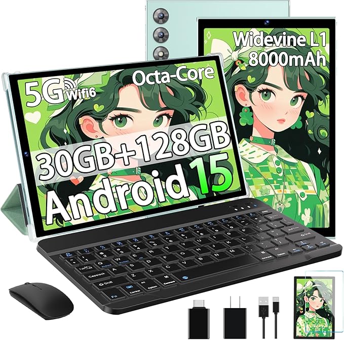 2025 Android 15 Tablet 10.1 Inch Tablets, 30GB RAM 128GB ROM 1TB Expand, 8000mAh Battery, BT5.0, 2.4/5G Wi-Fi 6, Metal Body with Keyboard & Mouse, Gemini AI, Widevine L1 HD IPS Display - Green