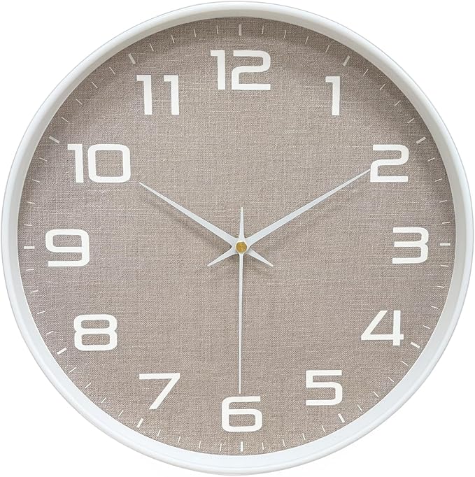Modern Wall Clocks Battery Operated, 12 inch Silent Non Ticking Analog Clock with Large Numbers Burlap Texture Face, Tempered Glass Decorative Wall Clocks for Living Room Bedroom Kitchen Gym