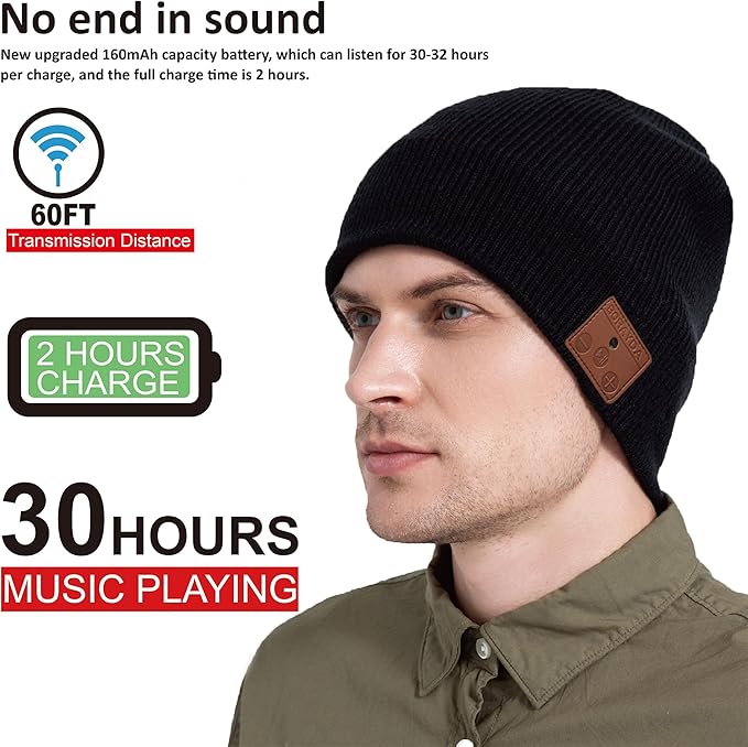 Merino Wool Bluetooth Beanie, HD Stereo,30 Hours Play Time,Built-in Microphone, Men's/Women's Christmas Electronic Gift (Black)