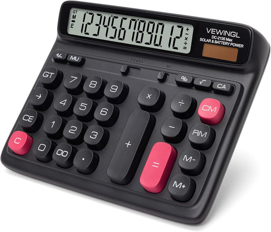 VEWINGL Desktop Calculator, 12-Digit Large LCD Display, Big Computer-Style Keys, Dual Power (Solar & Battery), Auto Sleep Mode, for Office, School, Home & Business 7.5â³ x 6.1â³ (Black, L)