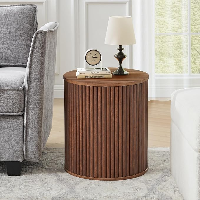 AVZEAR Fluted Round Side Table with Storage, Small Mid Century End Table Fluted Nightstands, Modern Circle Bedside Tables Wood Night Stand for Small Spaces, Living Room, Bedroom (Rustic Walnut)
