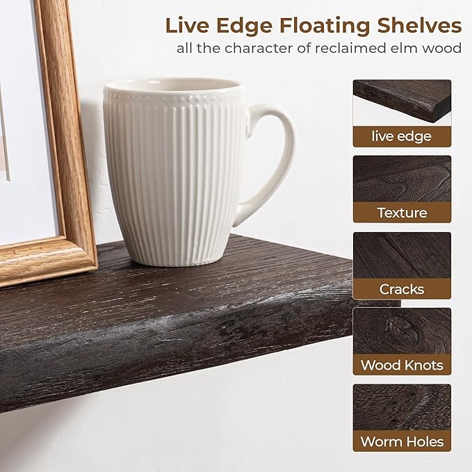 Axeman 72 inch Extra Long Floating Shelves for Wall - 8'' D Live Edge Rustic Solid Elm Wood Floating Shelves Wall Mounted, Wall Shelves with Invisible Bracket for Living Room Bedroom Kitchen, Walnut