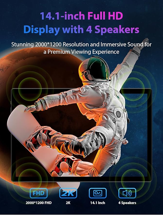 2025 Tablet 14 inch Android 14 Tablets - 2000x1200 FHD, 36GB+256GB(1TB TF), 5G/2.4G Dual WiFi, 8-Core 2.0GHz, 11580mAh,8+13MP, 4 Speakers,Split Screen, GPS with Stylus - Black