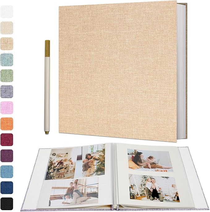 Vienrose Photo Album Self Adhesive 4x6 5x7 3x5 8x10 Scrapbook Album DIY Scrap Book with A Metallic Pen (11"x10.6" 60 Pages, Khaki)