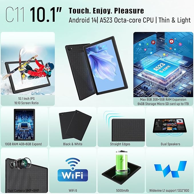 Tablet 10 Inch, Android 14 Tablet PC, 8GB RAM+64GB ROM (1TB TF), Octa-Core 2.0 GHz, Bluetooth 5.0, WiFi 6, Widevine L1, 5MP+8MP, 5000mAh,Type-C (Black, 10)