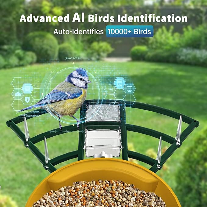Smart Bird Feeder with Camera Solar Powered & AI Bi rd Identification, 2.4Ghz WiFi Bird feeders for Outdoors, 2K Live Video, Nstant Arrival Alerts - Green-Yellow
