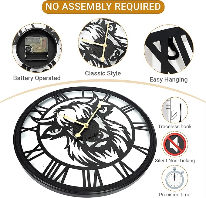 16inch Large Wall Clocks for Living Room Decor,Wall Clocks Battery Operated, Black Slient Metal Decorative Wall Clock for Bedroom, Kitchen, Dining Room (Highland Bull Wall Clock, 16 Inch)
