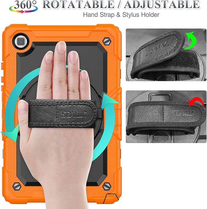 SEYMAC stock Case for Samsung Galaxy Tab A7 Lite 8.7'' with Screen Protector Pencil Holder [360 Rotating Hand Strap] &Stand, Drop-Proof Case for Samsung A7 Lite 2021 SM-T220/T225/T227, Orange/Black