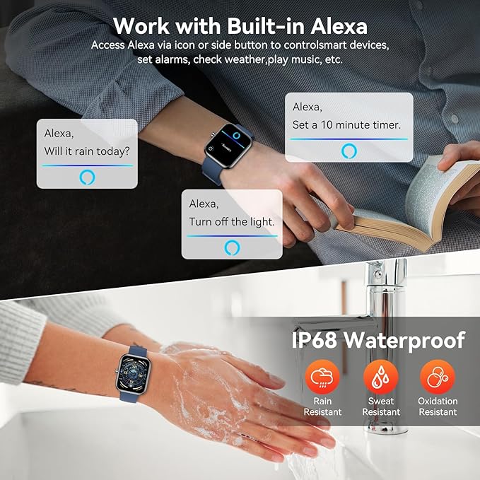 Smart Watch with Alexa Built-in, 1.83" HD Touchscreen Fitness Tracker, Bluetooth Notifications/Calls, IP68 Waterproof, 120+ Sport Modes, 24/7 Heart Rate & Sleep Monitor for iPhone Android iOS (Blue)