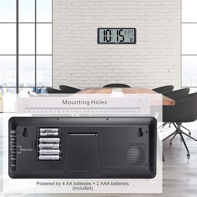 XREXS Large Digital Wall Clock, Battery Operated Alarm Clocks for Bedroom Home Decor, Count Up & Down Timer, 14.17 Inch Large LCD Screen with Time/Calendar/Temperature Display (Batteries Included)