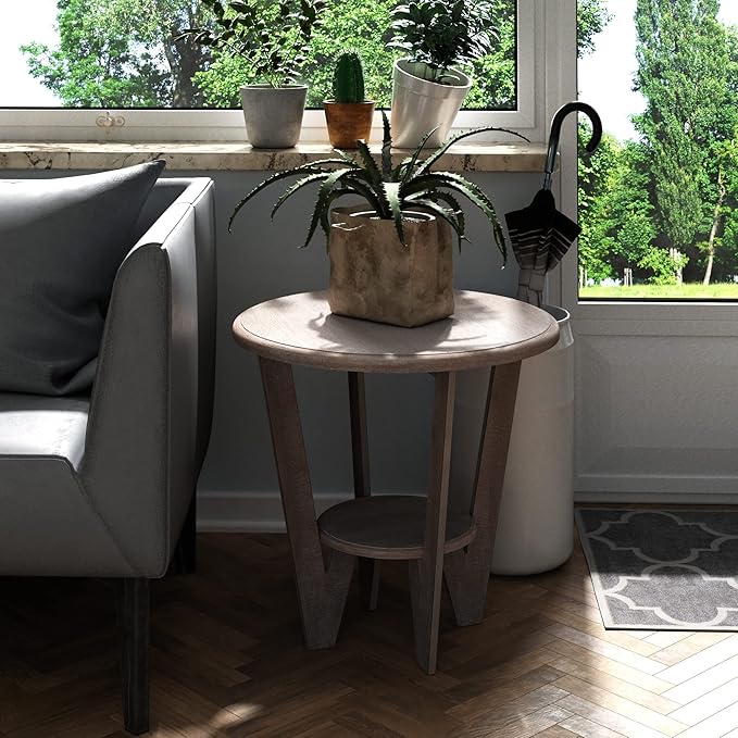 Rustic Farmhouse End Table with Storage Shelf, French Country Accent Side for Family, Dinning or Living Room, Small Spaces, Modern, Round, Vintage Blue Finish, Curved Leg