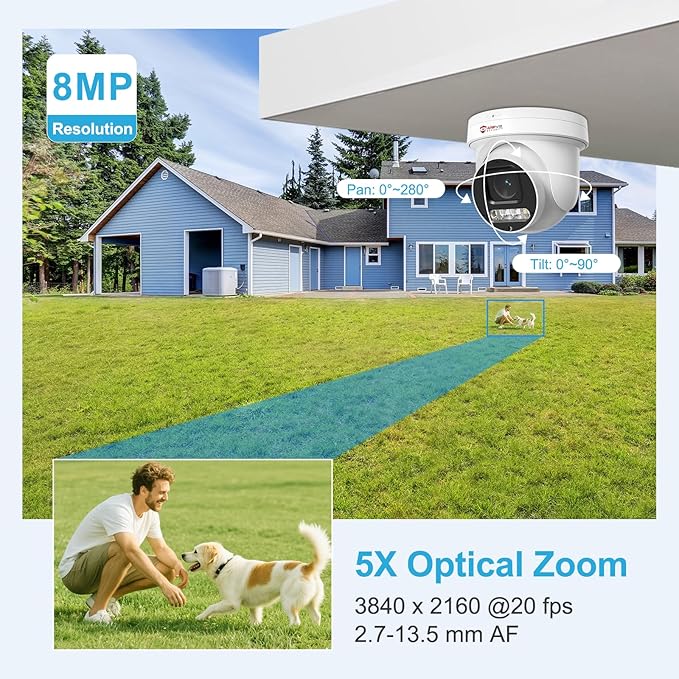 Anpviz 4K 8MP PoE PTZ Camera Outdoor, 5X Optical Zoom 2.7~13.5mm Lens, Pan 280° Tilt 90° IP Security Camera Human Vehicle Detection, Spotlight&Sound Alarm, 2 Way Talk, SD Card Slot, IP66 (U Series)