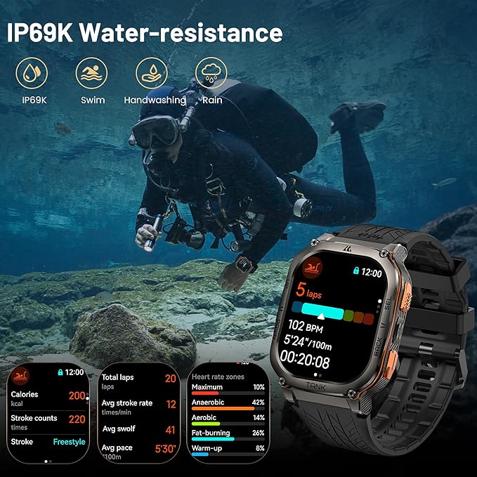 AMAZTIM Military Smart Watch with GPS, 6 Satellite Positioning/Compass, Stainless Steel Body, Waterproof, 480mAh Extra-Large Battery, Answer/Make Call, 2" AMOLED Screen, Compatible for Android iOS