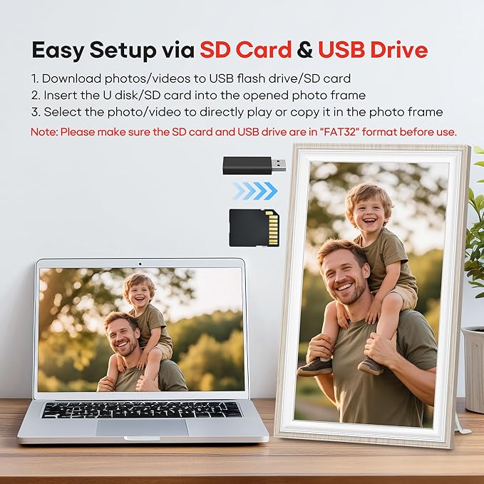 64GB Frameo 15.6" Digital Picture Frame Large 1920 x 1080 IPS FHD Touch Screen WiFi Electronic Photo Frames Share Moments Instantly Anywhere Best Gifts for Parents and Grandparents White Wood