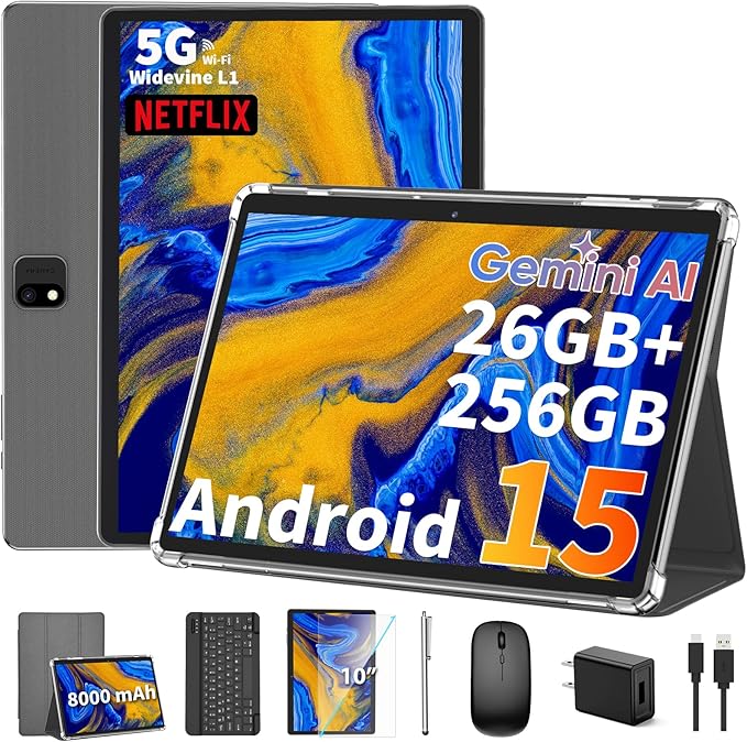 2025 Android 15 tablet with keyboard, 26GB+256GB+2TB Expand, 10 inch 2-in-1 Tablets with 8-Core, 5G WiFi, 8000mAh, BT5.0, 5MP+13MP, GMS, GPS, Widevine L1, Tablet PC with Mouse, Case, Stylus (Silver)