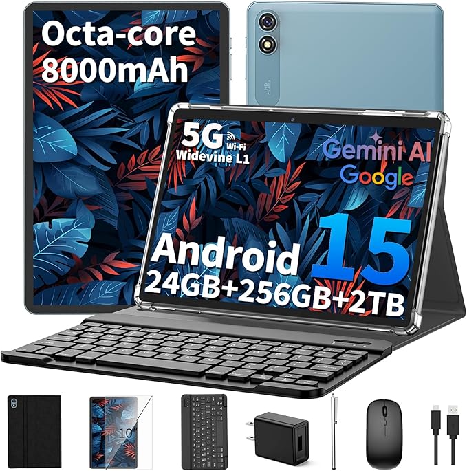 Android 15 Tablet 10 inch, 2026 Tablet with Keyboard, 24GB+256GB+2TB Expand, 2-in-1 Tablets with 8-Core, 5G WiFi, 8000mAh, BT5.0, GMS, GPS, Gemini AI, Tablets PC with Mouse, Case, Stylus (Black)