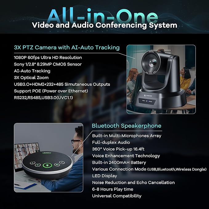 TONGVEO AI Auto-Tracking PTZ Conference Camera System with Bluetooth Microphones, 3X Optical Zoom USB3.0 1080P 60fps, 93° Wide-Angle All-in-One Video Conference Solution for Church & Office