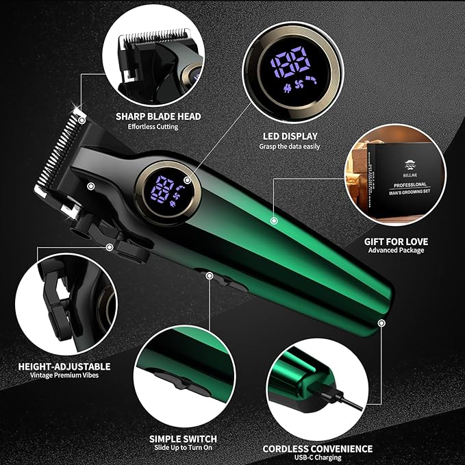 BILLAR Hair Clippers for Men with Beard Trimmer, Professional Clippers & Beard Trimmers Set, Electric Razor Shavers for Men, Cordless Men’s Grooming Kit for Nose, Face, Hair (Green)