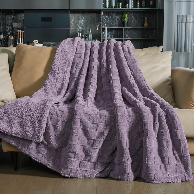 Pawque Super Soft Cozy Throw Blanket for Couch Sofa Bed - Fluffy Sherpa Fleece Reversible Thick Warm Fuzzy Blanket for All-Season, 3D Checkered Jacquard Elegant Decorative Blankets, Purple, 50" x 60"