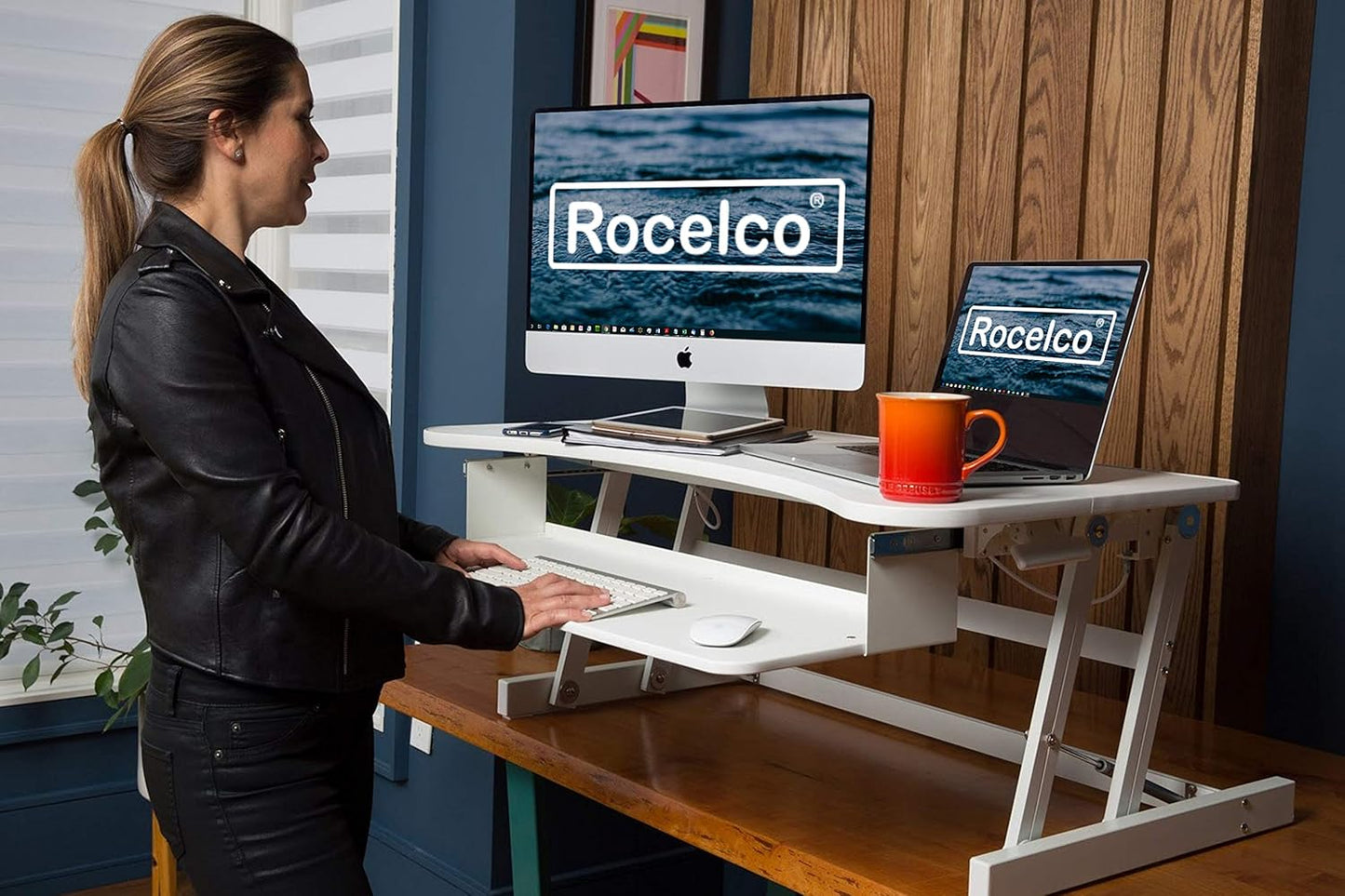 Rocelco 37.5" Deluxe Height Adjustable Standing Desk Converter with Anti Fatigue Mat BUNDLE - Quick Sit Stand Up Computer Workstation Riser - Large Retractable Keyboard Tray - White (R DADRW-MAFM)