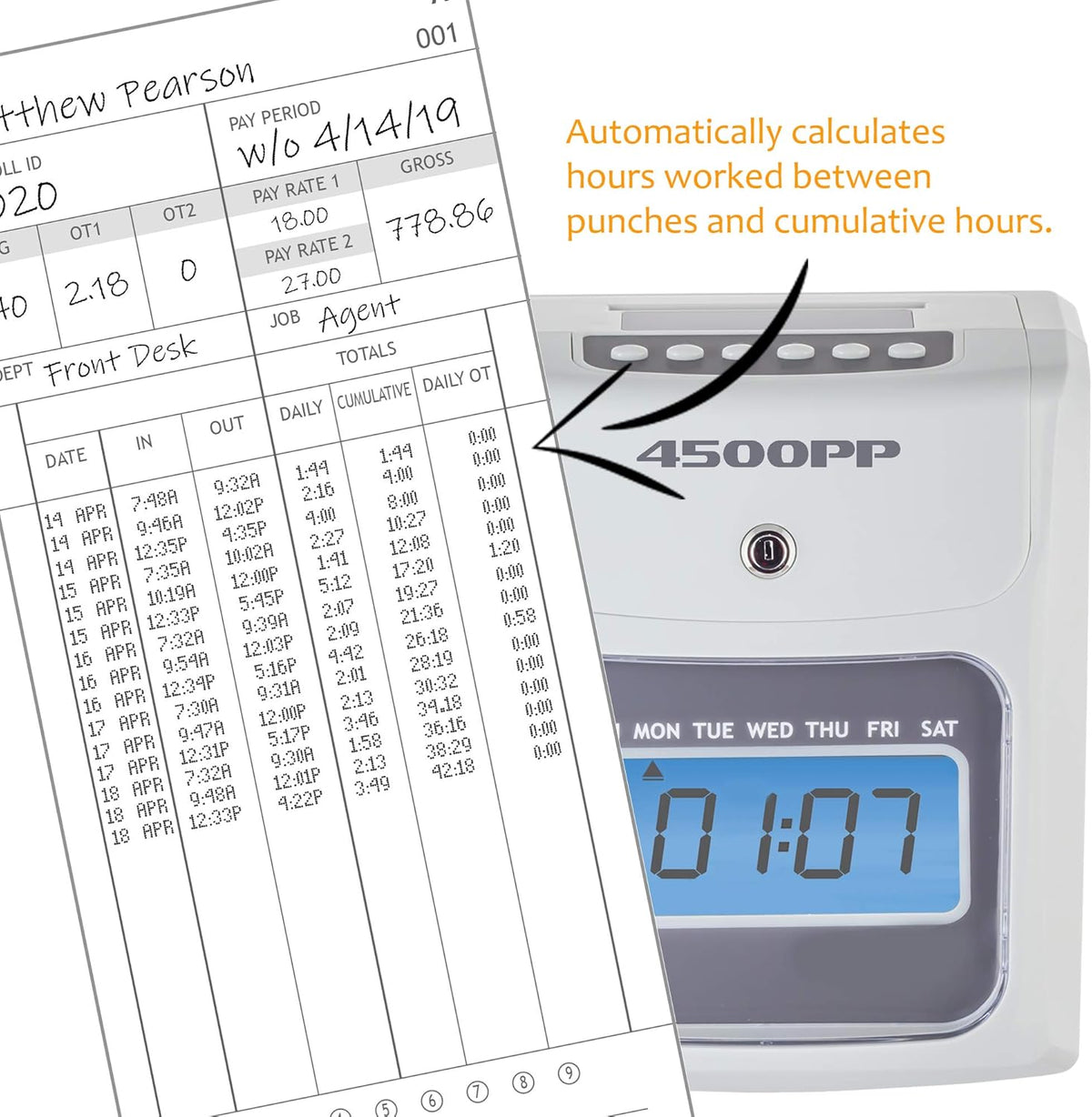 Nile Products - 4500PP Electronic Calculating Time Clock [4500PPK1], Small Business Bundle Includes: 125 Time Cards,1 Ink Ribbon, 2 Security Keys and 1 Ten Pocket Card Rack