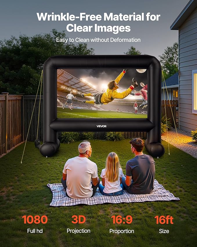 VEVOR 16FT Inflatable Movie Screen Outdoor, Inflatable Projector Screen with Portable Storage Bag, 16:9 Easy Set Up Movie Projection for Outdoor Backyard, Home Theater, Theme Party