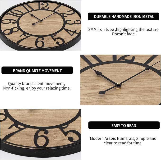 Maxstar Large Wall Clock Silent Bronze Rustic Farmhouse Metal & Wood with Arabic Numeral, Battery Operated Wall Clocks Decorative for Living Room Bedroom Office Home Decor 20inch