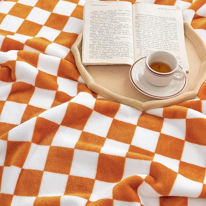 LOMAO Throw Blankets Flannel Blanket with Checkerboard Grid Pattern Soft Throw Blanket for Couch, Bed, Sofa Luxurious Warm and Cozy for All Seasons (Orange, 60"x80")