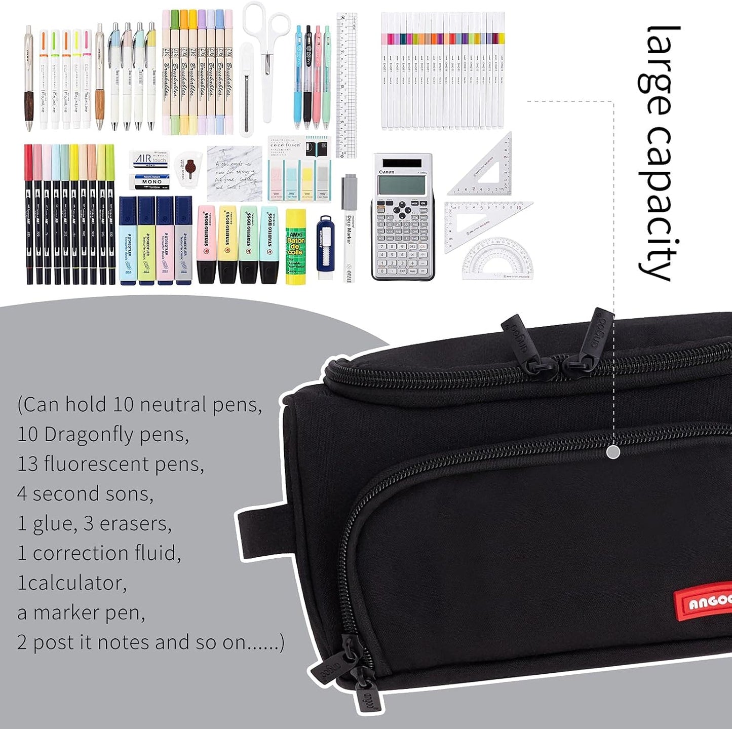 HVOMO Big Capacity Pencil Case High Large Storage Pouch Marker Pen Case Travel Simple Stationery Bag School College Office Organizer for Teens Girls Adults Student（Black）
