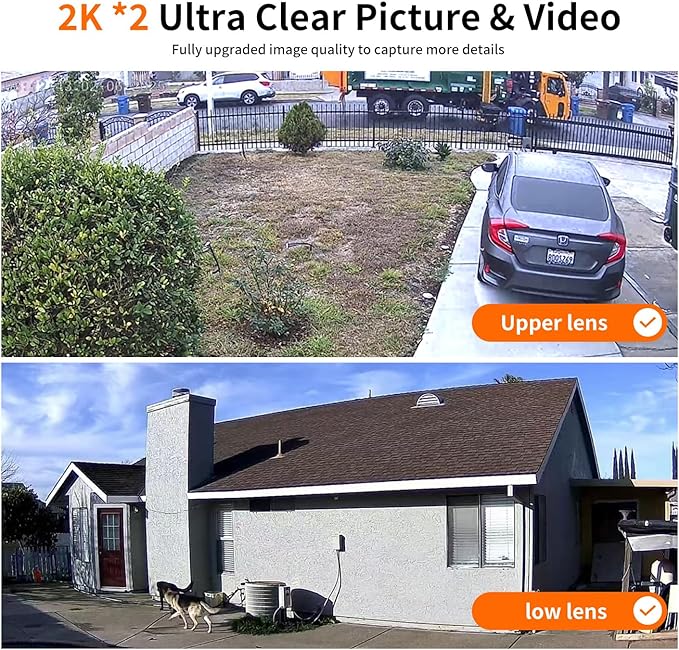 Dual Lens Security Cameras Wireless Outdoor for Home Security,WiFi,2-Way Audio,Night Vision,Motion Detection,No mothly fee Cameras,IP65 Water Proof