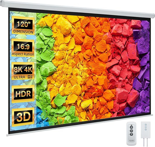YODOLLA 120" Projector Screen Motorized 16:9, 4K HD Pull Down Retractable Projection Screens Electric Automatic Wall Ceiling Movie Screen for Office Classroom Indoor with Remotes