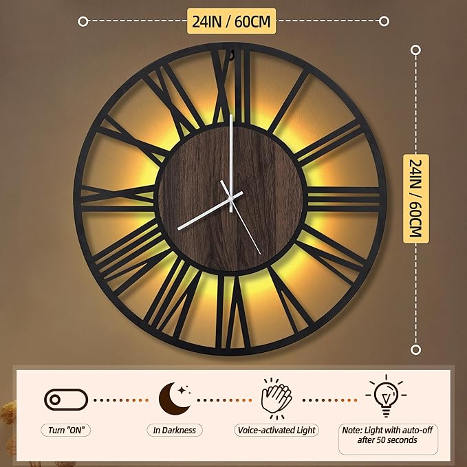 LEIKE Large LED Wall Clocks,Silent,Non Ticking,Battery Operated Rustic Round Modern Big Wood Wall Clock for Living Room, Bedroom,Kitchen,Farmhouse,Office,Home Decor -24" Black,LED,Roman Number