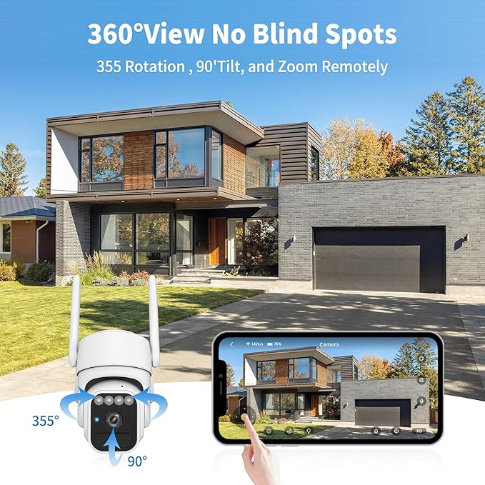 Solar Camera Outdoor Wireless, Wi-Fi Security Cameras for Home, 360° View, Two-Way Talk, Auto Tracking, Light Alarm, Color Night Vision