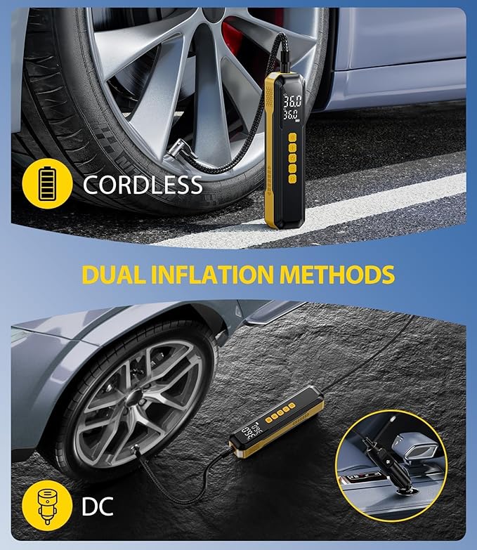 Tire Inflator Portable Air Compressor, 150 PSI Faster Cordless Air Pump for Car Tires, Electric Bike Tire Pump with Digital Pressure Gauge, LED Light for Motorcycle, Bicycle, Ball