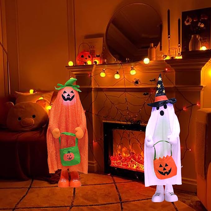 37" Cute Front Porch Light Up Halloween Ghost Décor, Kids Standing Trick or Treat Indoor and Outdoor Decorations-Star Moon