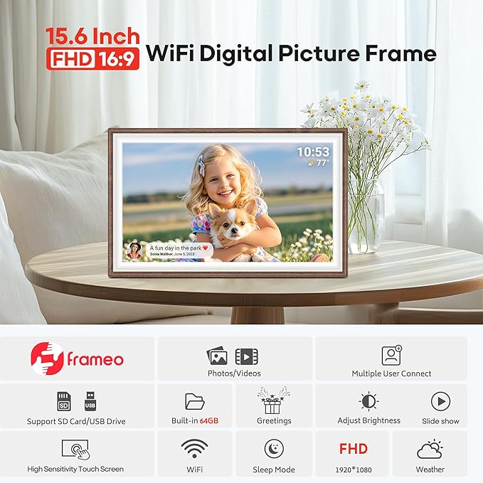 64GB Frameo 15.6" Digital Picture Frame Large 1920 x 1080 IPS FHD Touch Screen WiFi Electronic Photo Frames Share Moments Instantly Anywhere Best Gifts for Parents and Grandparents Brown Wood White