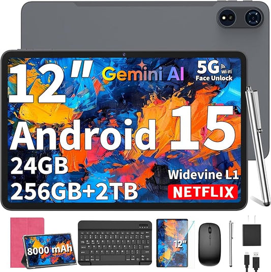 2026 12 Inch Tablet, Android 15 Tablets with Keyboard, 24GB+256GB+2TB Expand, 2K Display, Tablet PC with 5G WiFi, Octa-Core, 8000mAh, BT5.0, GMS, GPS, 2 in 1 Tablets with Case, Mouse, Stylus(Pink)