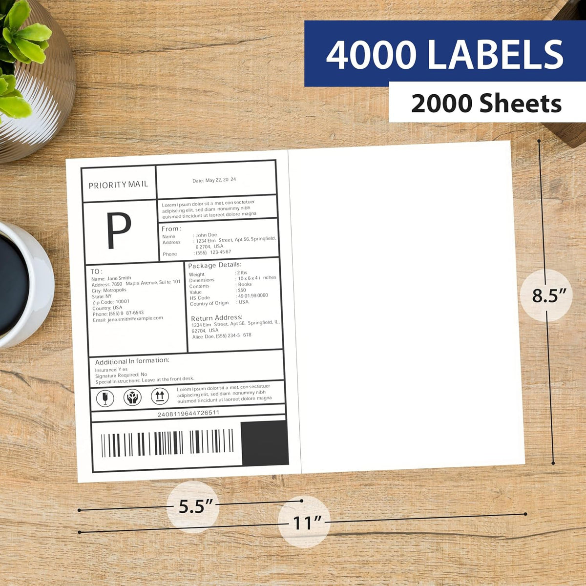 2000 Sheet (4000 Labels) | 8.5" x 11" 2 UP Half Sheet Self Adhesive Shipping Labels for Laser & Inkjet Printers | Ecommerce, Address, Mailing, Labeling, Packaging