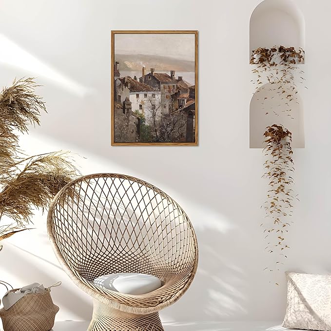 Floating Framed Vintage Canvas Wall Art, European Country Towns Wall Decor Oil Paintings Artwork, Rustic Farmhouse Posters Prints Pictures for Living Room Hallway Bedroom 12x16 inch