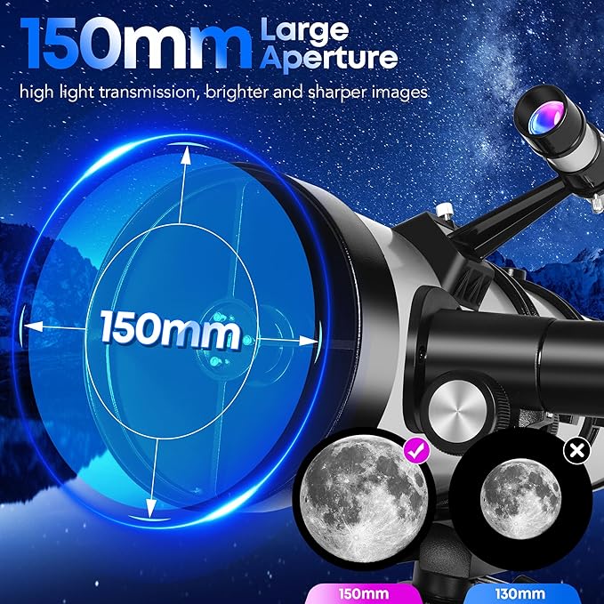 UncleHu 150EQ Newtonian Reflector Telescope for Adults High Powered, Professional Equatorial Telescopes for Adults Beginners with Portable Carry Bag, Phone Adapter, Stainless Steel Tripod, Moon Filter