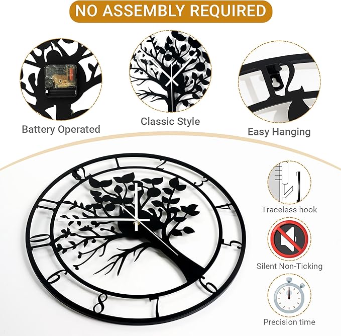 16inch/40cm Tree of Life Large Wall Clocks for Living Room Decor,Bedroom,Battery Operated,Metal,Decorative Analog,Silent,Non Ticking Big Wall Clock(Tree of Life, 16 inches)