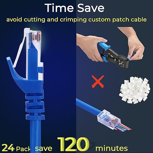 Rapink Patch Cables Cat6 0.5ft (24 Pack), Ethernet Patch Cable 10G, Cat 6 Patch Cable for Patch Panel to Switch, Flexiable Cat 6 Ethernet Cable with Gold Plated Blue