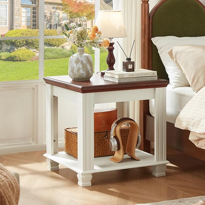 Farmhouse End Table Set of 2,Large Side Table with 2-Tier Storage Shelf,Rustic Wood End Tables for Living Room,Square Tea Table,White