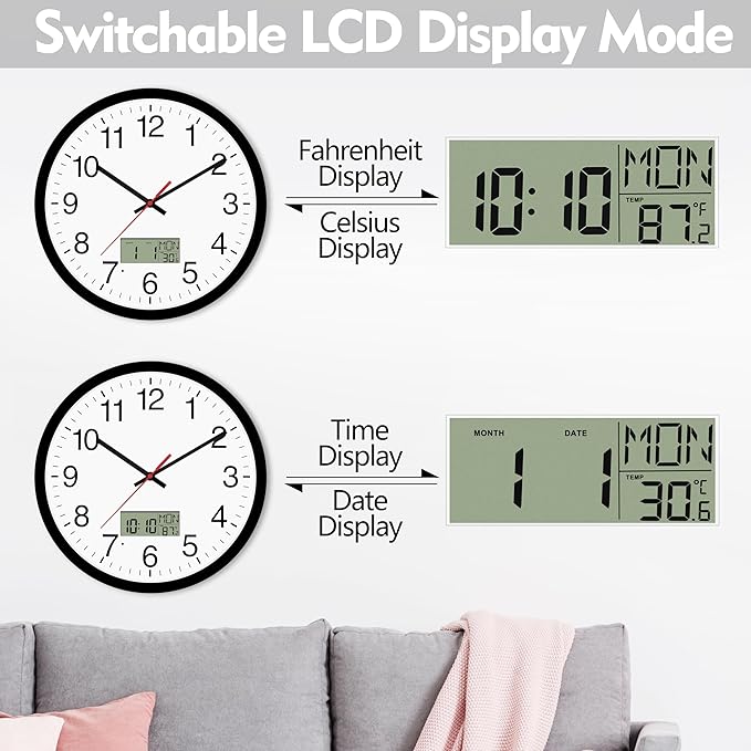 12" Digital Wall Clock with Temp Week Switchable Time and Perprtual Calendar on LCD Display, Silent Battery Operated Analog Clock for Bedroom Classroom Office Garage (Black)