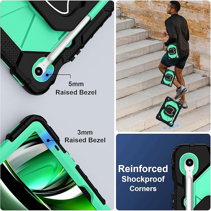 Case for Samsung Galaxy Tab S10 Lite/S10 FE/S9 FE 10.9 Inch & Galaxy Tab S9 11 Inch, Rugged Samsung S10 FE Tablet Case with Pen Holder 360 Rotating Stand Shoulder Strap Screen Protector, Mint